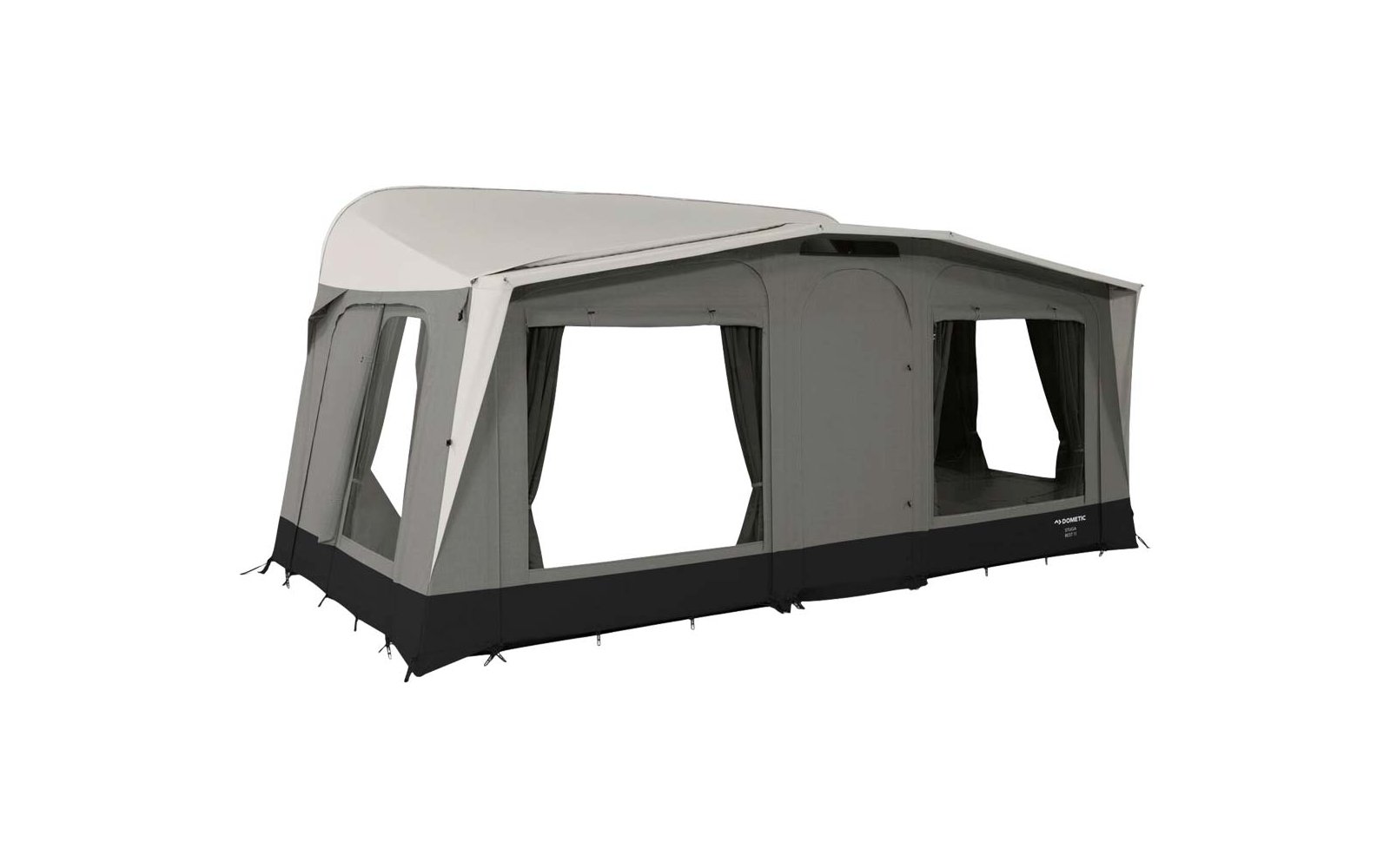 Large gray tent with a light-colored roof, multiple large windows with curtains, and a black base