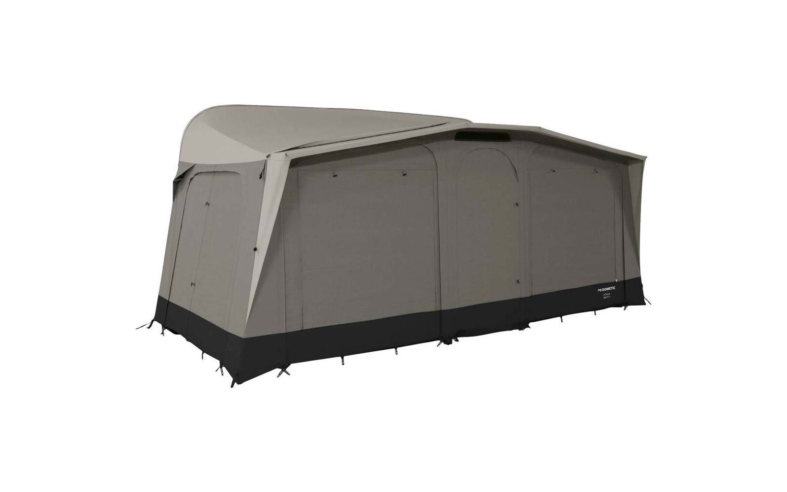 Large rectangular camping tent with closed side panels, mesh windows, light gray fabric and black base