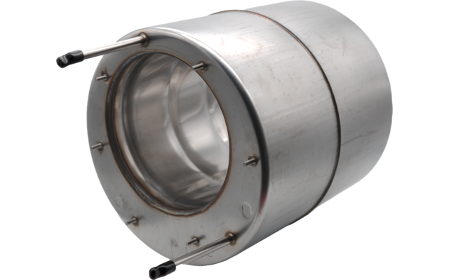 Zylindrisches Edelstahlgehäuse mit rundem Glasfenster, Ring mit Schrauben und zwei dünnen Metallstutzen