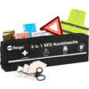 Zwarte ritszak met opschrift Berger 3 in 1 KFZ-Kombitasche, daarnaast gele hes, rood driehoekig reflector, goud-zilveren folie, pleisters, zwachtels, kleine pakjes en schaar