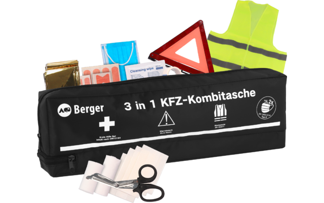 Zwarte ritszak met opschrift Berger 3 in 1 KFZ-Kombitasche, daarnaast gele hes, rood driehoekig reflector, goud-zilveren folie, pleisters, zwachtels, kleine pakjes en schaar