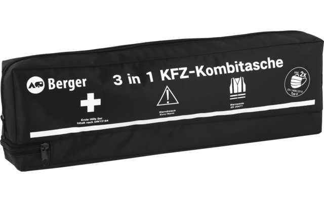 Zwarte rechthoekige tas met ritssluiting, witte tekst "Berger 3 in 1 KFZ-Kombitasche", witte symbolen (kruis, waarschuwingsdriehoek, vestpictogram, rond embleem) en een witte streep