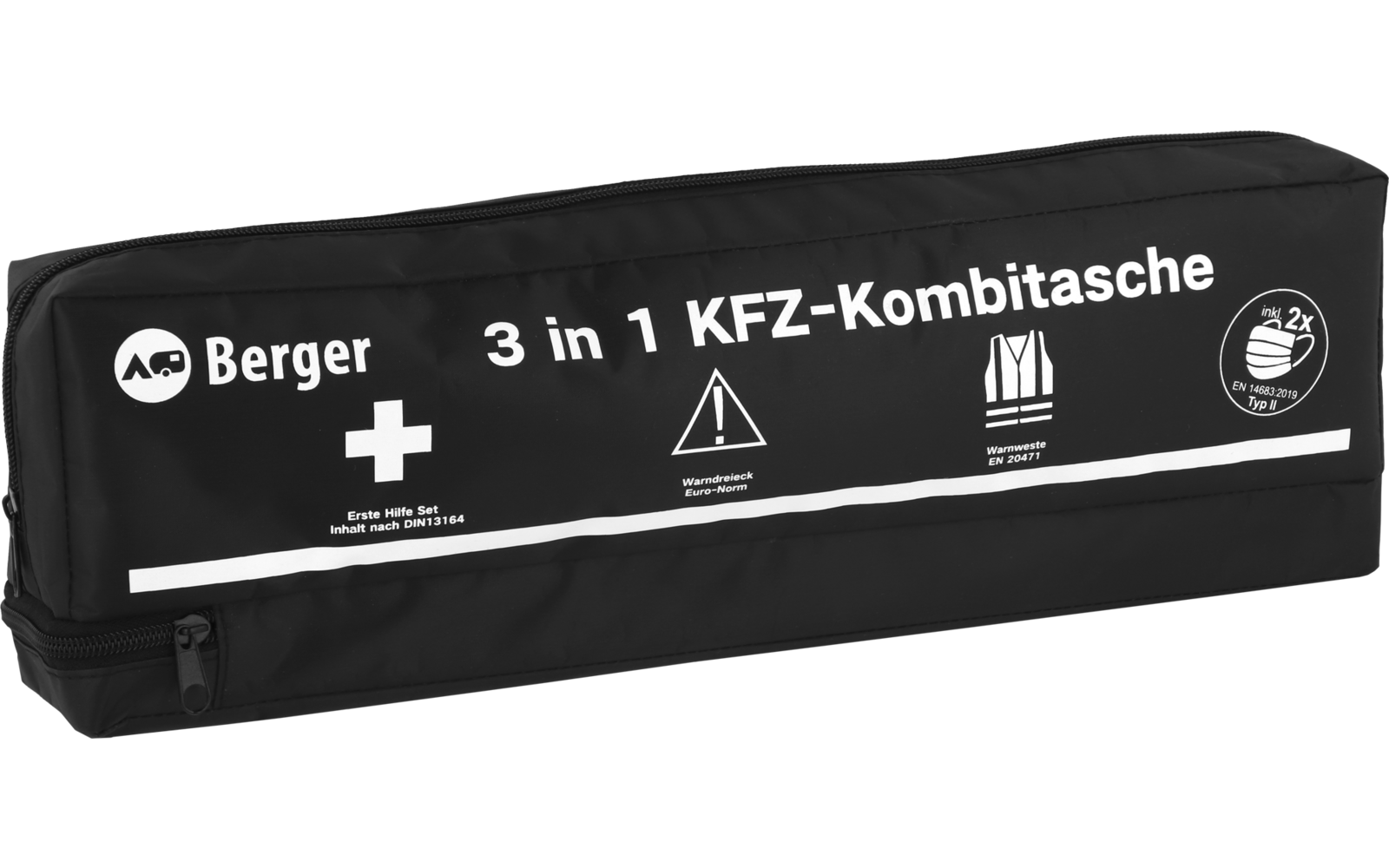 Zwarte rechthoekige tas met ritssluiting, witte tekst "Berger 3 in 1 KFZ-Kombitasche", witte symbolen (kruis, waarschuwingsdriehoek, vestpictogram, rond embleem) en een witte streep