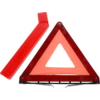 Rood reflecterend kunststof driehoek met zwarte rand, naast een rood kunststof etui