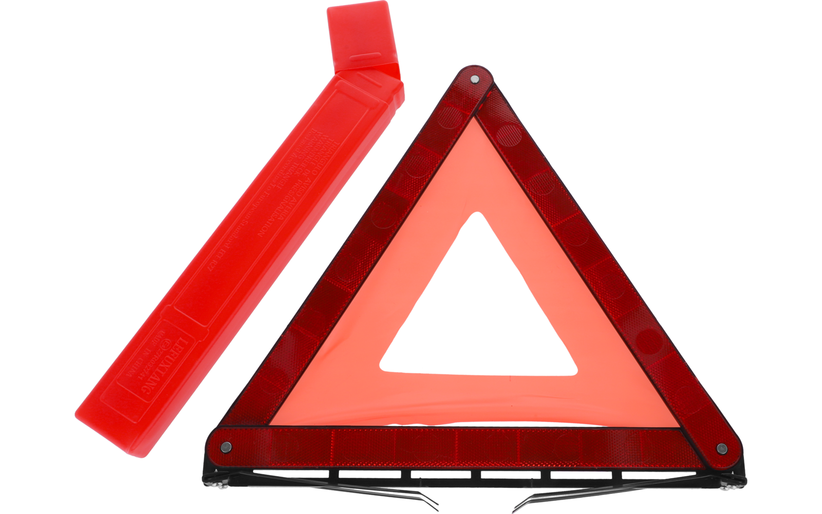 Rood reflecterend kunststof driehoek met zwarte rand, naast een rood kunststof etui