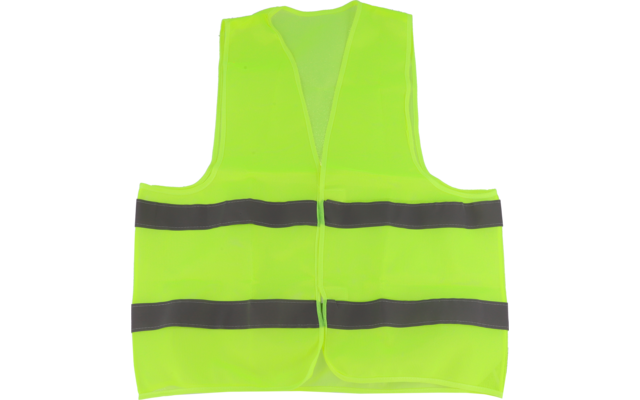 Neongeel vest met twee horizontale reflecterende grijze strepen, vooraan open