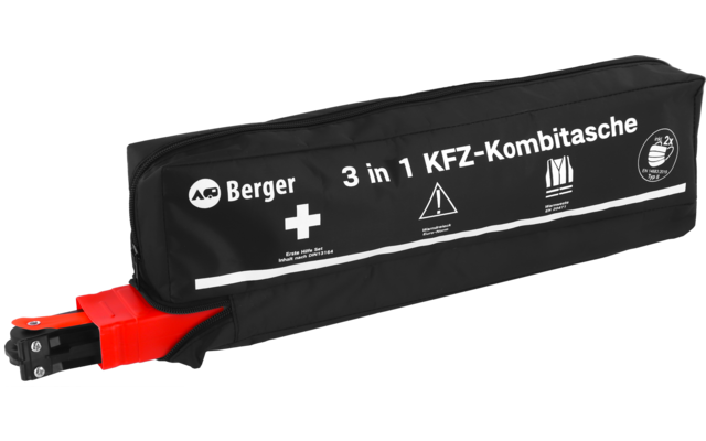Zwarte rechthoekige ritstas met witte tekst 'Berger 3 in 1 KFZ-Kombitasche', drie witte pictogrammen op de voorkant en een rode voertuigklem die links uit de tas steekt