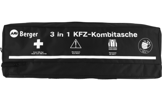 Zwarte, rechthoekige ritszak met witte tekst 'Berger 3 in 1 KFZ-Kombitasche', rond logo links, drie witte pictogrammen (kruis, driehoekig waarschuwingssymbool met uitroepteken, veiligheidsvest), rond symbool rechts en witte horizontale strepen