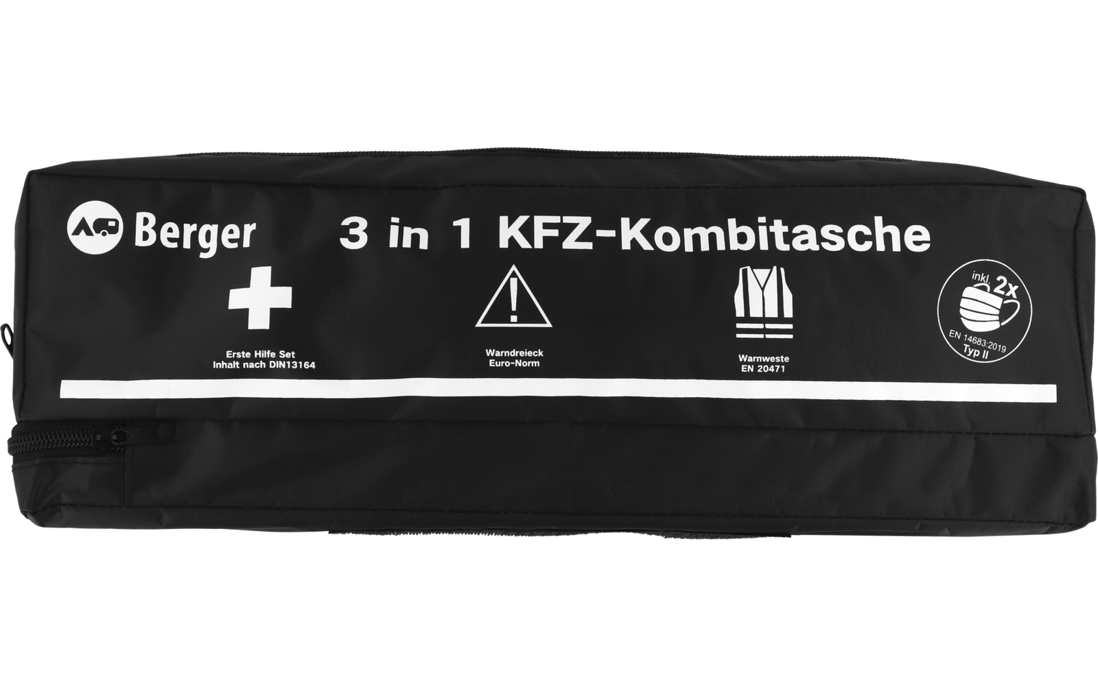 Zwarte, rechthoekige ritszak met witte tekst 'Berger 3 in 1 KFZ-Kombitasche', rond logo links, drie witte pictogrammen (kruis, driehoekig waarschuwingssymbool met uitroepteken, veiligheidsvest), rond symbool rechts en witte horizontale strepen