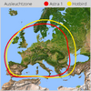 Karte von Europa mit Geländedarstellung, überlagert von zwei ovalen Linien — eine rote und eine gelbe — oben eine Legende mit dem Wort „Ausleuchtzone“ und farbigen Punkten neben den Bezeichnungen „Astra 1“ (rot) und „Hotbird“ (gelb)