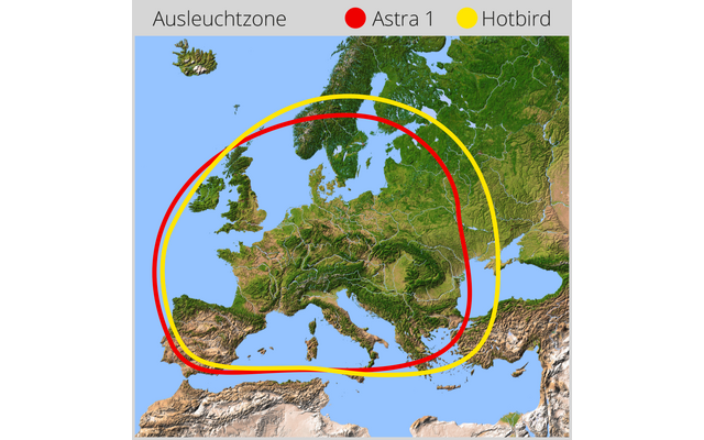 Karte von Europa mit Geländedarstellung, überlagert von zwei ovalen Linien — eine rote und eine gelbe — oben eine Legende mit dem Wort „Ausleuchtzone“ und farbigen Punkten neben den Bezeichnungen „Astra 1“ (rot) und „Hotbird“ (gelb)
