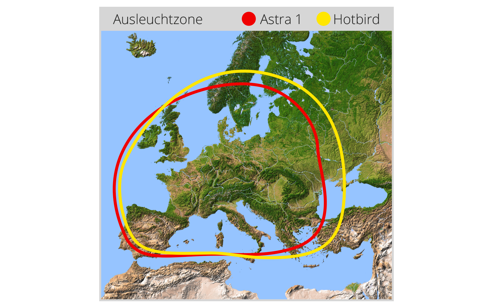 Karte von Europa mit Geländedarstellung, überlagert von zwei ovalen Linien — eine rote und eine gelbe — oben eine Legende mit dem Wort „Ausleuchtzone“ und farbigen Punkten neben den Bezeichnungen „Astra 1“ (rot) und „Hotbird“ (gelb)