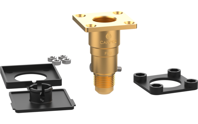 Goldener zylinderförmiger Metallteil mit Außengewinde und quadratischer Platte oben; vier schwarze quadratische Platten mit Aussparungen; zwei kleine silberne Muttern