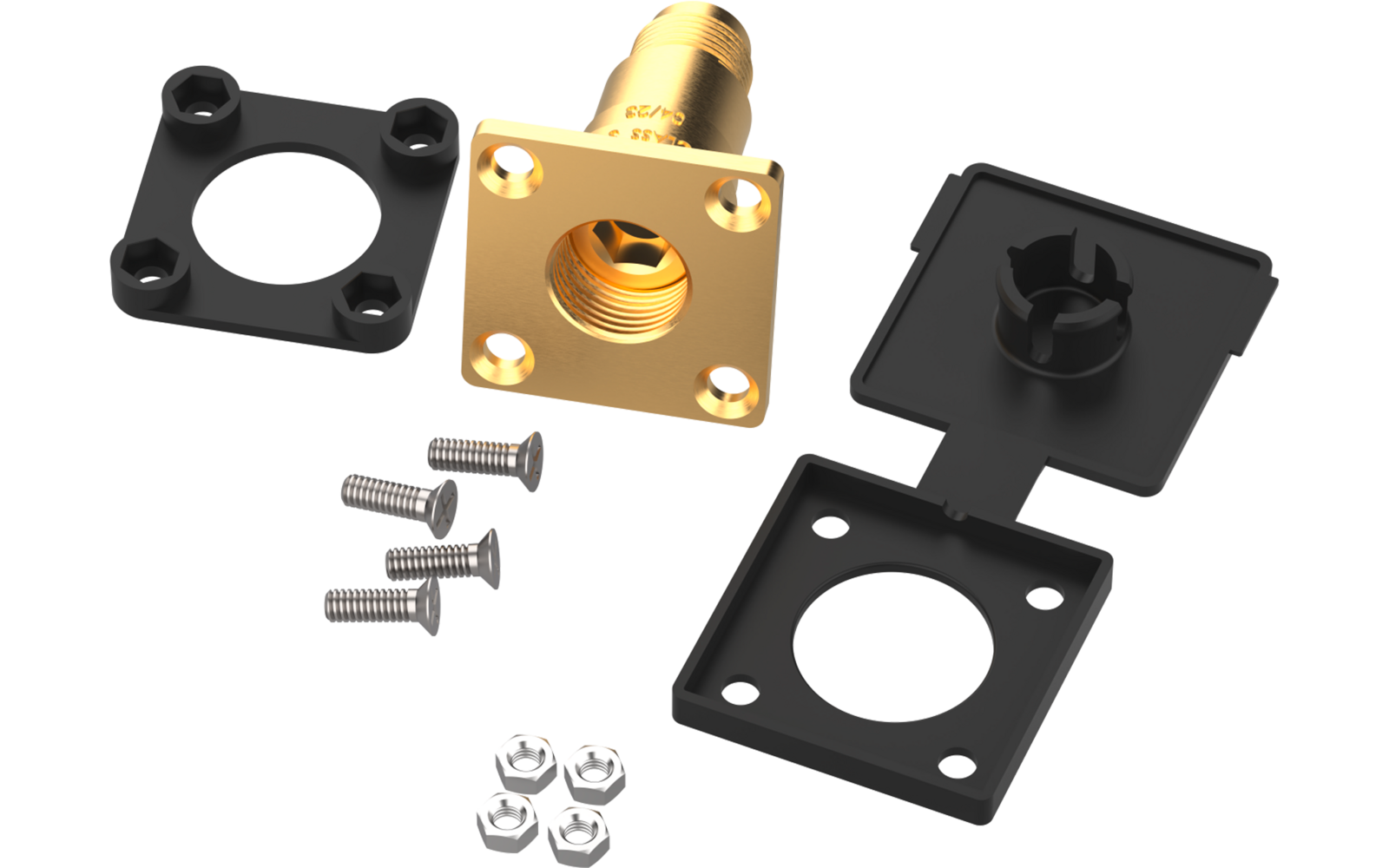Goldfarbene quadratische Metallkomponente mit Innengewinde und vier Befestigungsbohrungen, drei schwarze quadratische Kunststoffplatten mit runden Aussparungen, vier kurze silberne Schrauben und vier kleine Muttern auf weißem Hintergrund