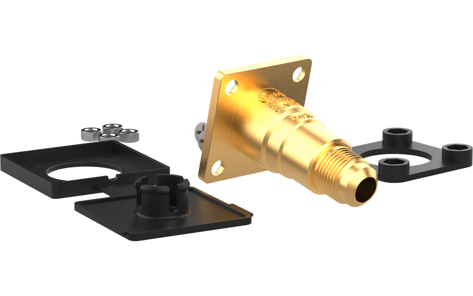 Goldfarbener zylindrischer Metallstecker mit quadratischer Flanschplatte (vier Schraublöcher), daneben zwei schwarze rechteckige Befestigungsplatten
