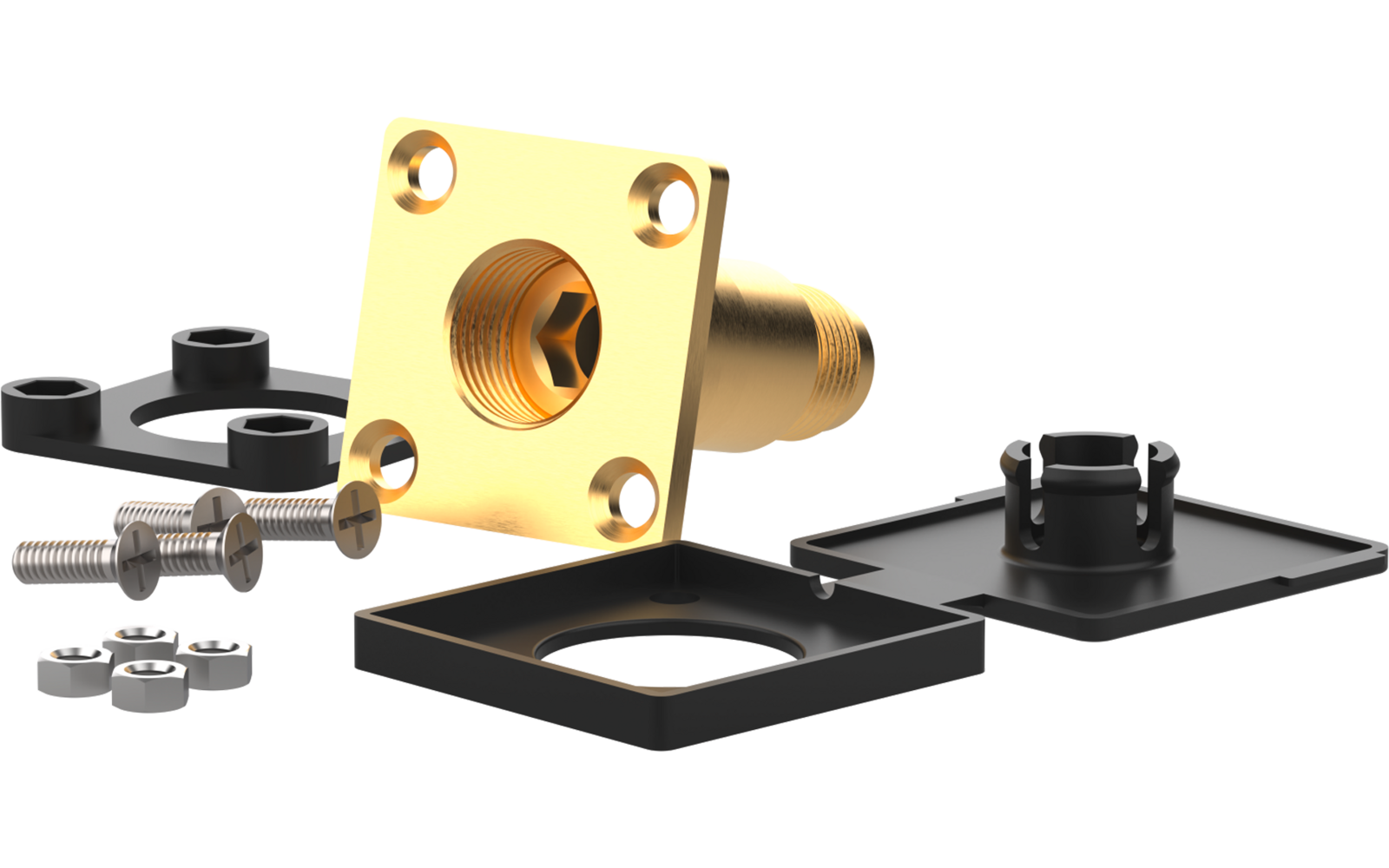 Goldfarbenes quadratisches Bauteil mit zentraler runder, innen sichtbarer Gewindeöffnung und vier Ecklöchern; daneben zwei schwarze quadratische Montageplatten, mehrere silberne Schrauben, Sechskantmuttern und Unterlegscheiben sowie ein schwarzer run
