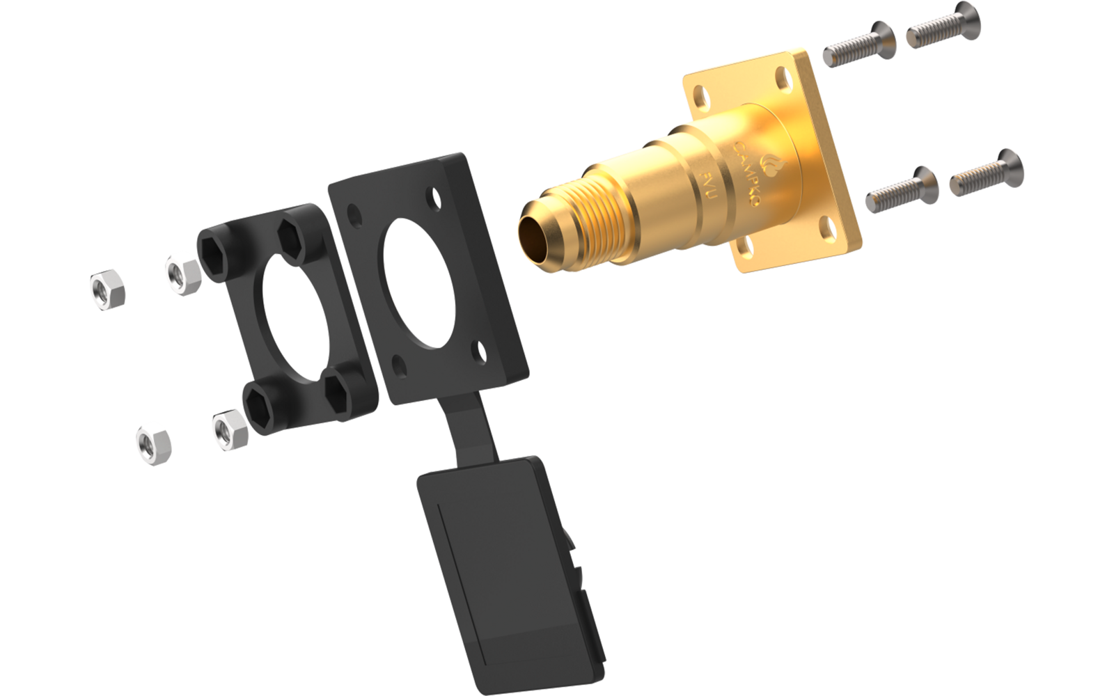 Mehrere sichtbare Bauteile: goldene zylindrische Metallbuchse mit quadratischem Flansch, drei silberne Schrauben, vier Sechskantmuttern, schwarzer Kunststoffhalter mit zwei runden Öffnungen und befestigte schwarze Abdeckung