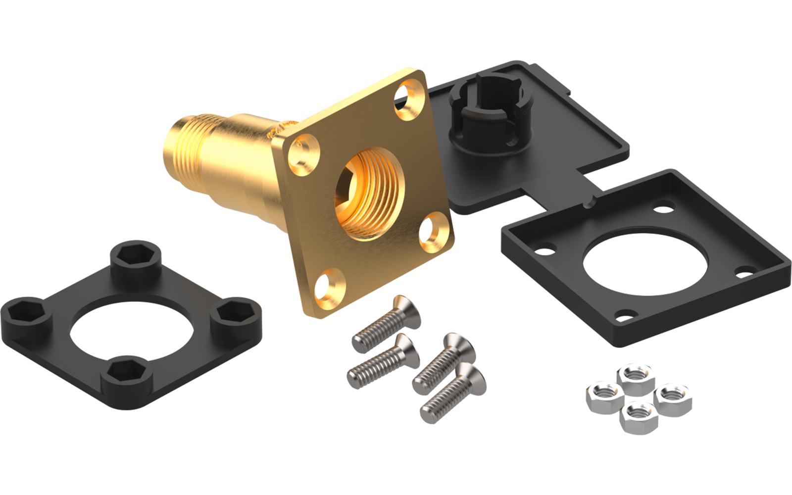 Goldfarbener zylindrischer Verbinder mit quadratischem Flansch und sichtbarem Innengewinde, drei silberne Schrauben, drei silberne Sechskantmuttern und drei schwarze quadratische Platten mit runden Aussparungen
