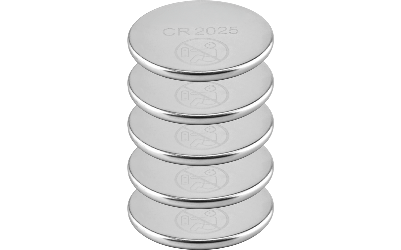 Fünf silberne Knopfzellen übereinandergestapelt, oben Aufdruck 'CR2025' und durchgestrichenes Mülleimer-Symbol sichtbar