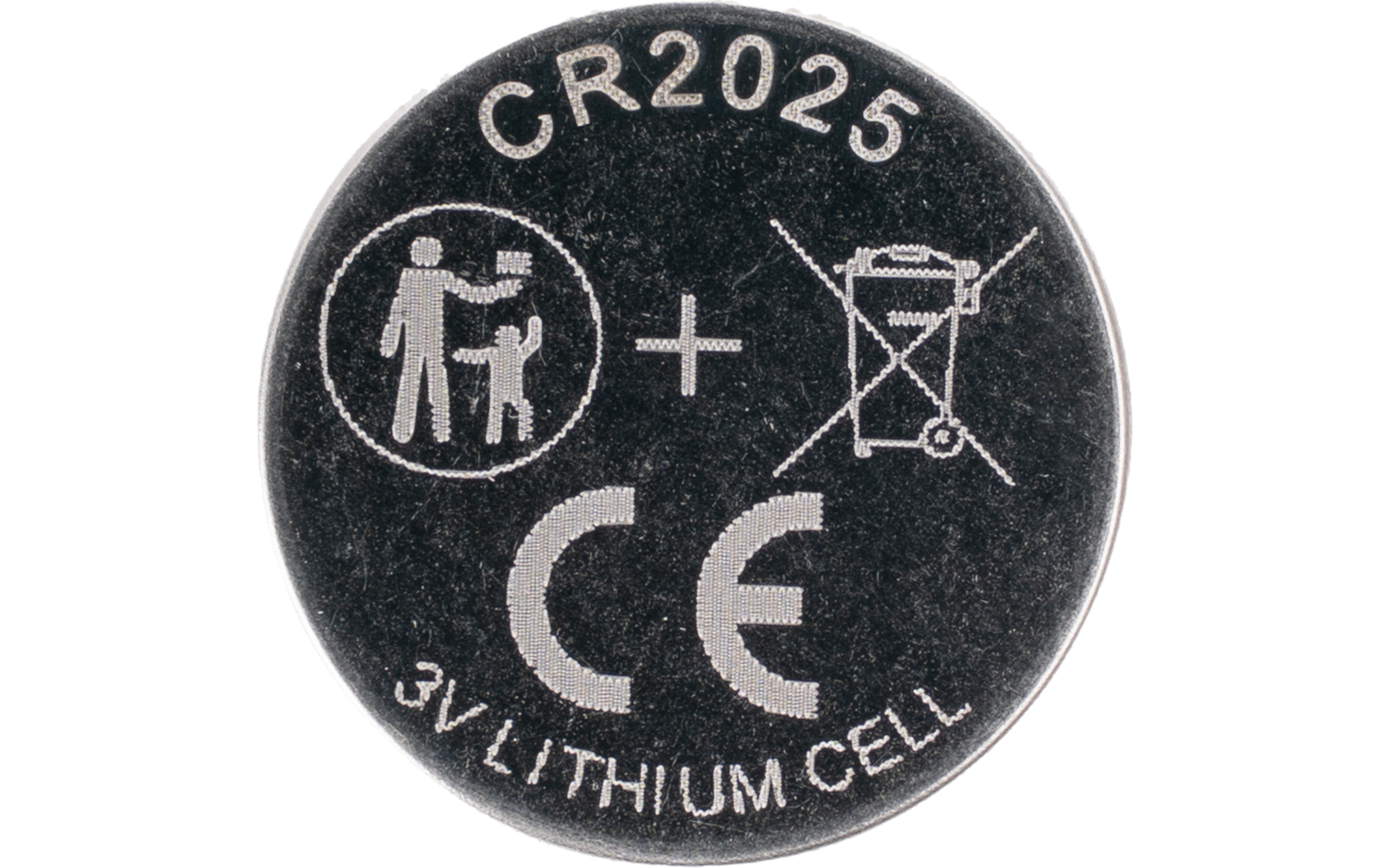 Knoopcel met opschrift "CR2025", pictogram volwassene en kind, plusteken, doorgestreepte vuilnisbak, CE‑markering, "3V LITHIUM CELL"