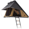 Aufgeklapptes Dachzelt in Schwarz und Beige auf Hartschale, mit ausgezogener Leiter, zwei Eingängen und Innenbeleuchtung