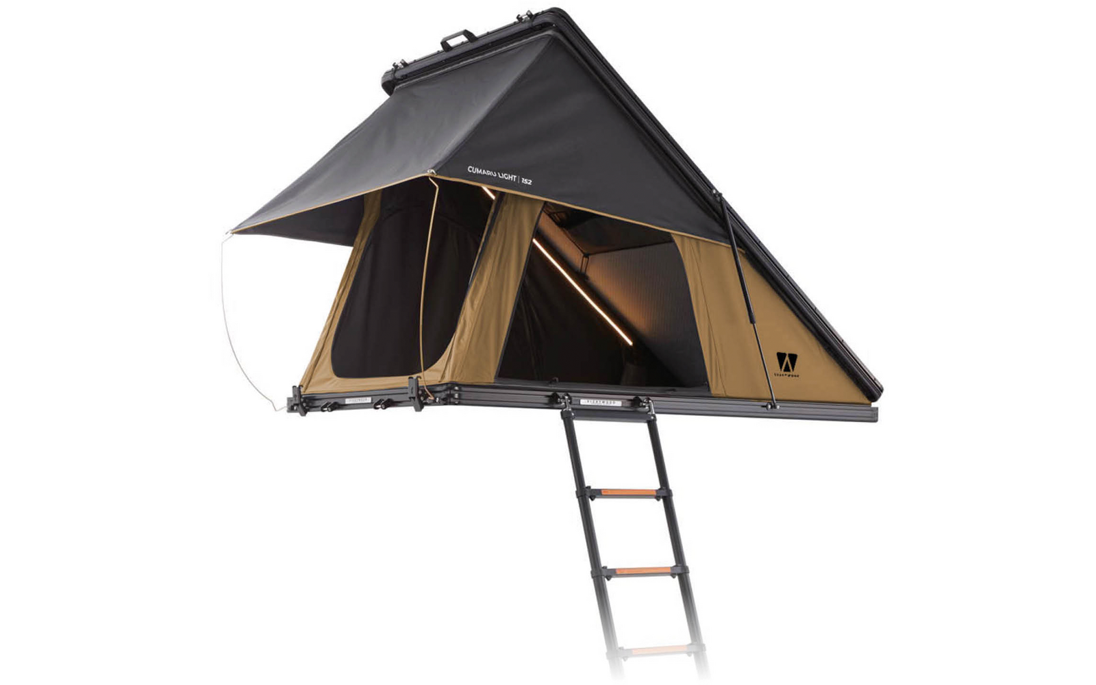 Aufgeklapptes Dachzelt in Schwarz und Beige auf Hartschale, mit ausgezogener Leiter, zwei Eingängen und Innenbeleuchtung