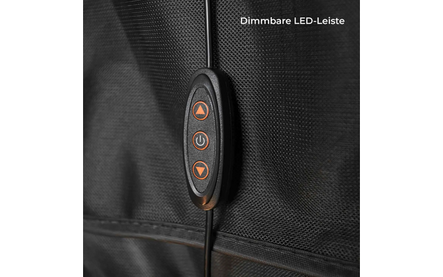 Schwarzer ovaler Schalter mit drei orangefarbenen Symbolen (aufwärtspfeil, Ein/Aus-Kreis, abwärtspfeil) an schwarzem Kabel vor strukturiertem schwarzem Stoff; oben rechts weißer Text 'Dimmbar LED-Leiste'