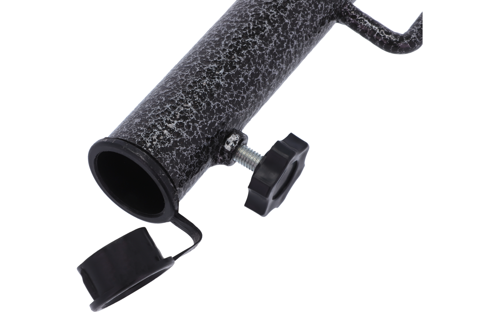 Nahaufnahme eines schwarz‑grau gesprenkelten Metallrohrs mit offenem rundem Ende, Schraubbolzen, schwarzem Sternknauf und angehängter Kunststoffkappe