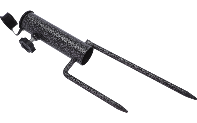 Grau gesprenkeltes zylindrisches Metallrohr mit zwei langen spitzen Metallstangen und einer verstellbaren Schraubklemme