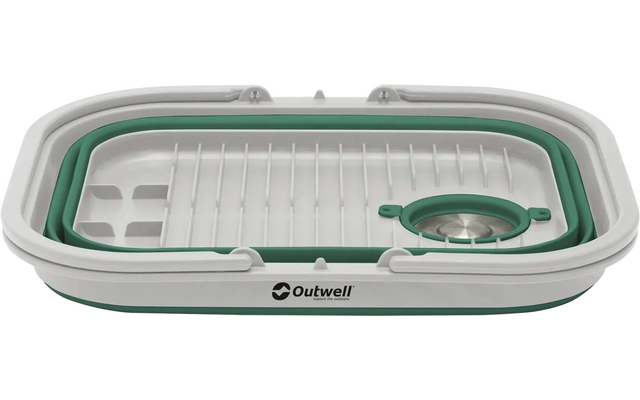 Ein zusammenklappbares, rechteckiges Spülbecken aus Kunststoff mit Ablauflöchern und Handgriffen