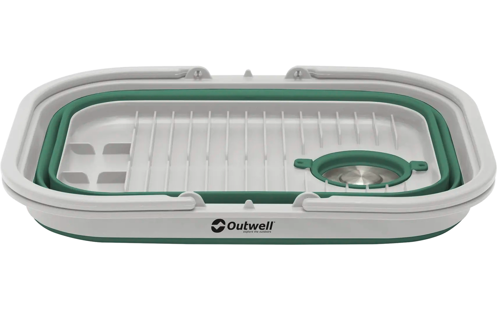 Ein zusammenklappbares, rechteckiges Spülbecken aus Kunststoff mit Ablauflöchern und Handgriffen