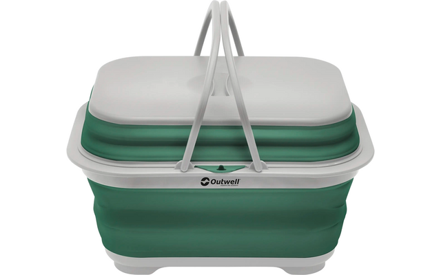 Grüner, faltbarer Picknickkorb mit weißen Griffen und einem weißen Deckel