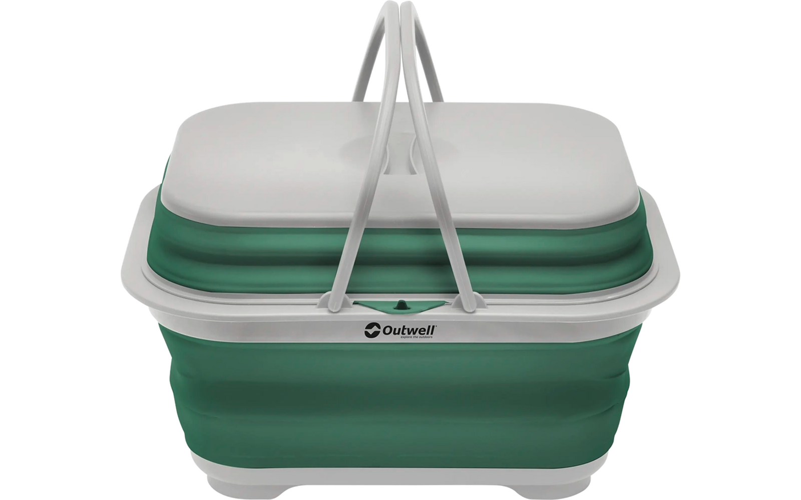 Grüner, faltbarer Picknickkorb mit weißen Griffen und einem weißen Deckel