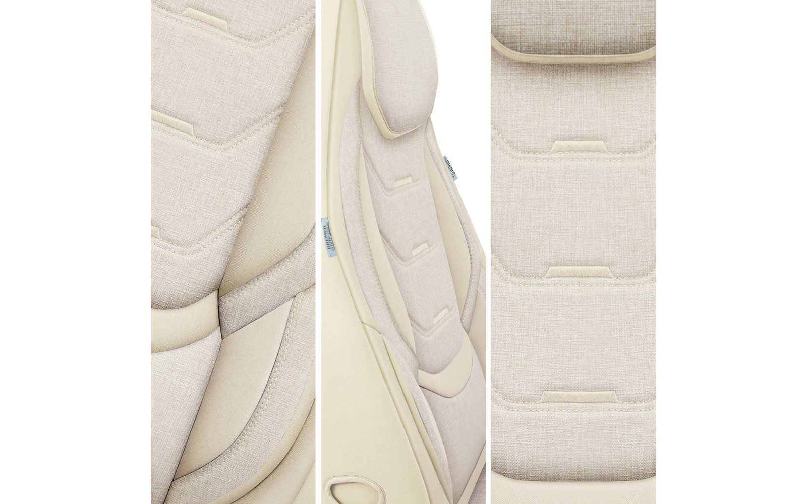 Dreiteilige Nahaufnahme eines hellbeigen, strukturierten Polsterbezugs mit rechteckigen Steppungen und sichtbaren Nähten