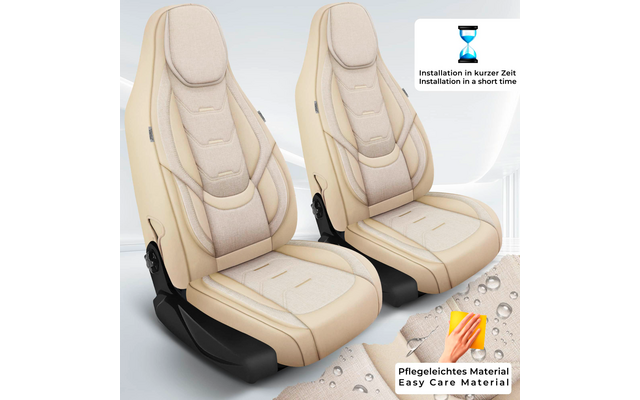 Zwei beige Autositze mit Sitzbezügen, sichtbaren Nähten und schwarzer Sitzbasis; rechts oben Einblendung mit Sanduhrsymbol und Text 'Installation in kurzer Zeit / Installation in a short time'; rechts unten Stoffmuster mit Wassertropfen und Hand-Wisc