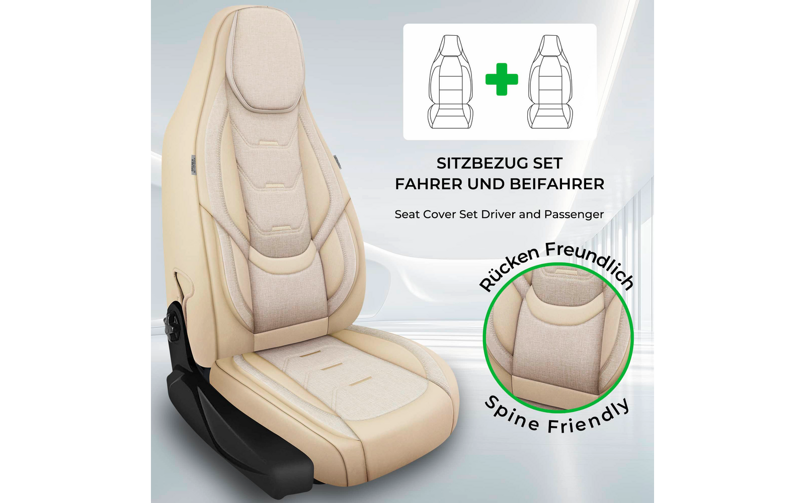 Beiger Autositz mit beigem Sitzbezug, rechts oben Piktogramm von zwei Sitzen mit Pluszeichen und Text 'SITZBEZUG SET FAHRER UND BEIFAHRER' sowie 'Seat Cover Set Driver and Passenger', kreisförmige Vergrößerung der Lehne mit grünem Rand und Text 'Rück