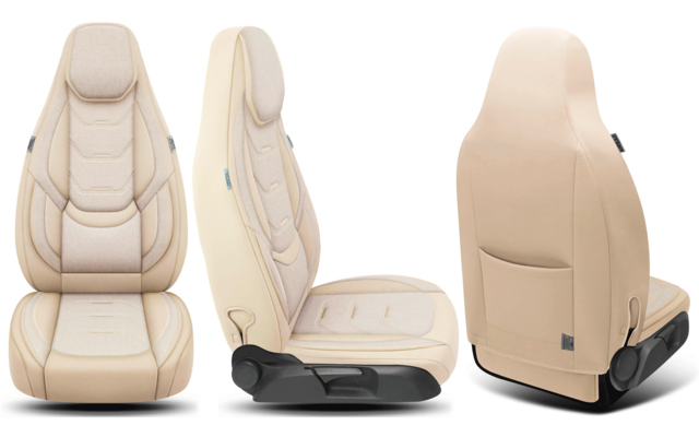 Drei Ansichten eines beigen Autositzes: Vorder-, Seiten- und Rückansicht