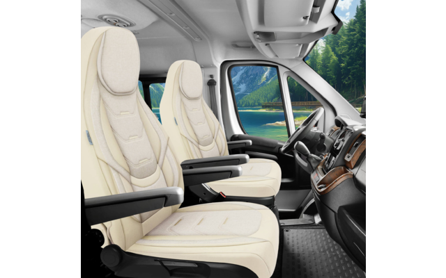 Vorderer Innenraum eines Fahrzeugs mit zwei beigen Ledersitzen mit Armlehnen, Lenkrad, Armaturenbrett mit Holzdekor, Gummifußmatte und seitlichem Fenster mit Blick auf See, Berge und Wald