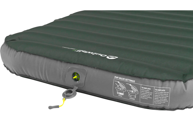 Opgeblazen groene luchtmatras met grijze zijkanten en ventiel