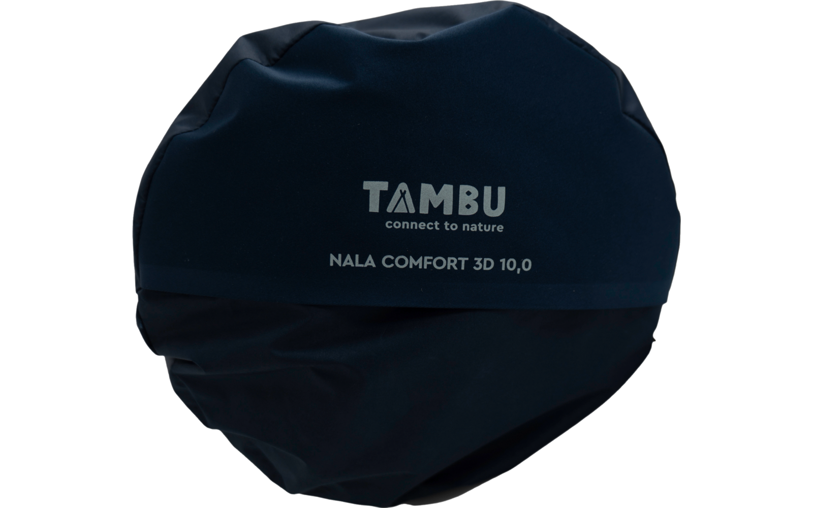 Rundes dunkelblaues Stoffetui mit weißem Aufdruck "TAMBU" und "NALA COMFORT 3D 10,0"