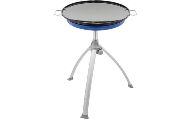 Runde schwarze Platte auf blauem Rand mit zwei kleinen Metallgriffen, montiert auf dreibeinigem silbernem Ständer mit Gummifüßen
