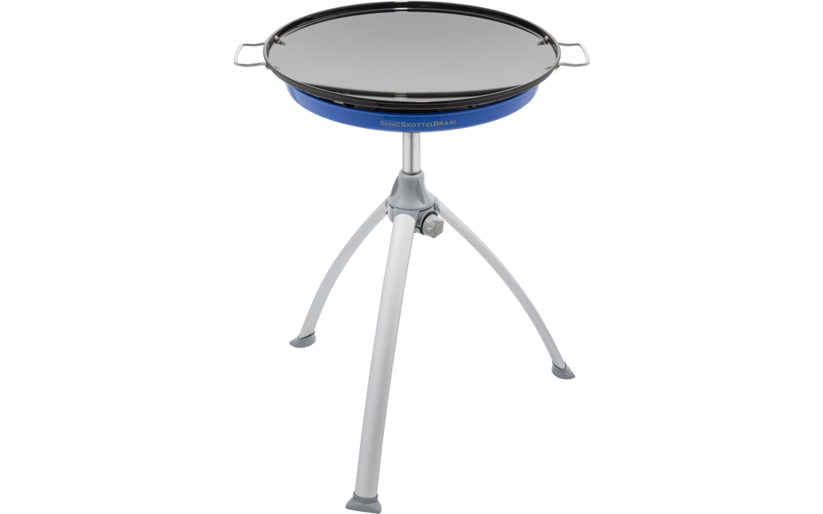Runde schwarze Platte auf blauem Rand mit zwei kleinen Metallgriffen, montiert auf dreibeinigem silbernem Ständer mit Gummifüßen