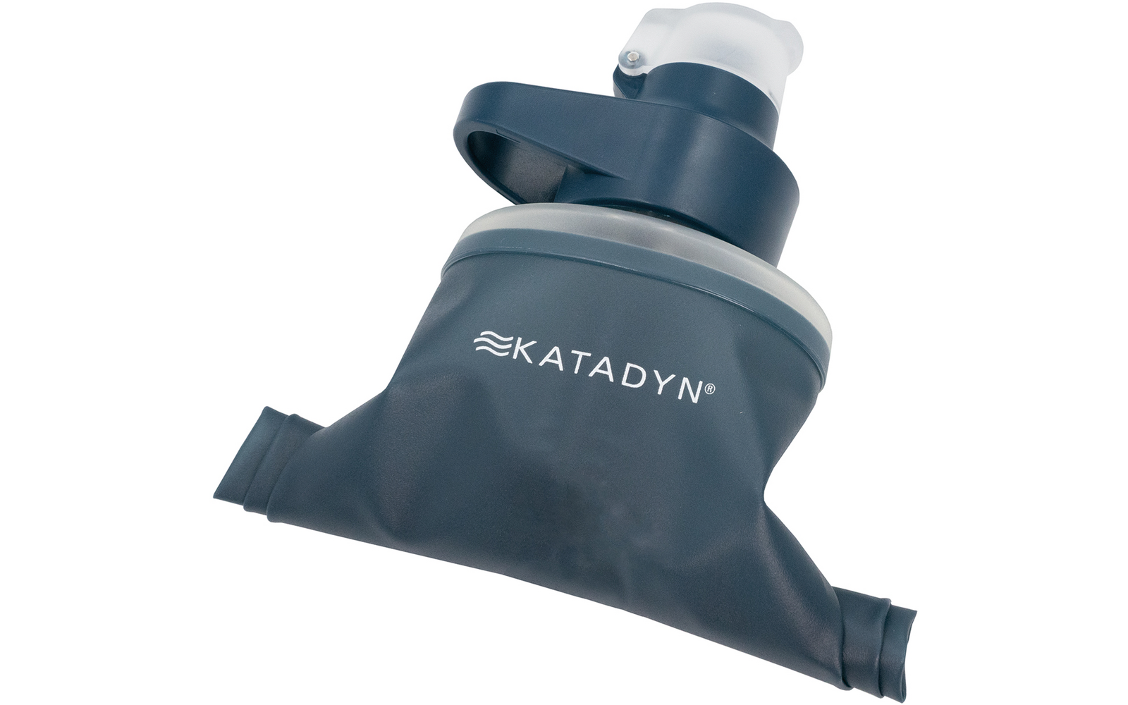 Dunkelgraue faltbare Trinkflasche mit weißem Trinkaufsatz und KATADYN-Logo