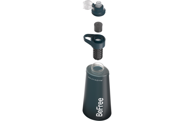 Aufgereihte Teile einer geöffneten Flasche: Kunststoffschraubverschluss mit transparenter Schutzkappe, dunkler zylindrischer Einsatz, dunkelblauer Siebaufsatz mit Griff, Flaschenkörper mit Aufdruck 'BeFree'