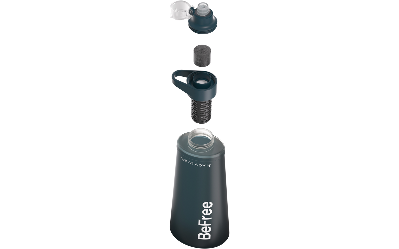 Aufgereihte Teile einer geöffneten Flasche: Kunststoffschraubverschluss mit transparenter Schutzkappe, dunkler zylindrischer Einsatz, dunkelblauer Siebaufsatz mit Griff, Flaschenkörper mit Aufdruck 'BeFree'