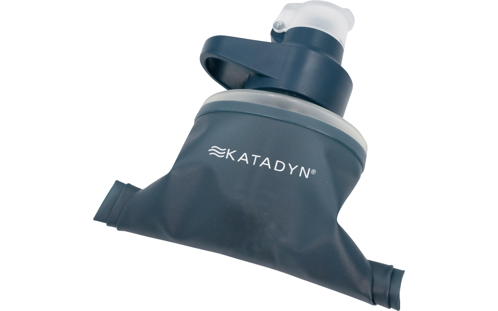 Dunkelgraue faltbare Trinkflasche mit weißem Trinkaufsatz und KATADYN-Logo