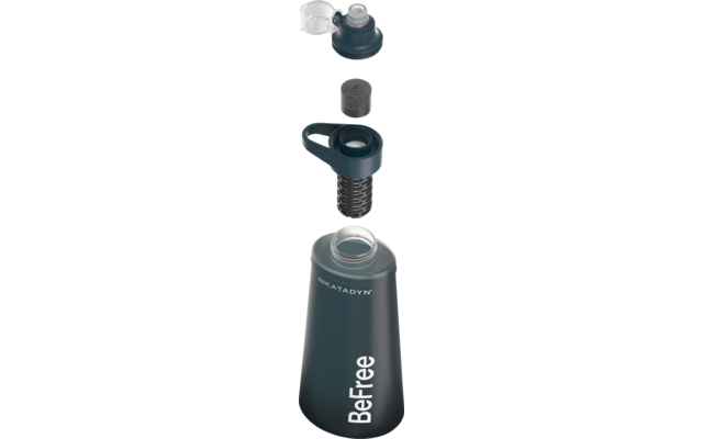 Aufgereihte Teile einer geöffneten Flasche: Kunststoffschraubverschluss mit transparenter Schutzkappe, dunkler zylindrischer Einsatz, dunkelblauer Siebaufsatz mit Griff, Flaschenkörper mit Aufdruck 'BeFree'