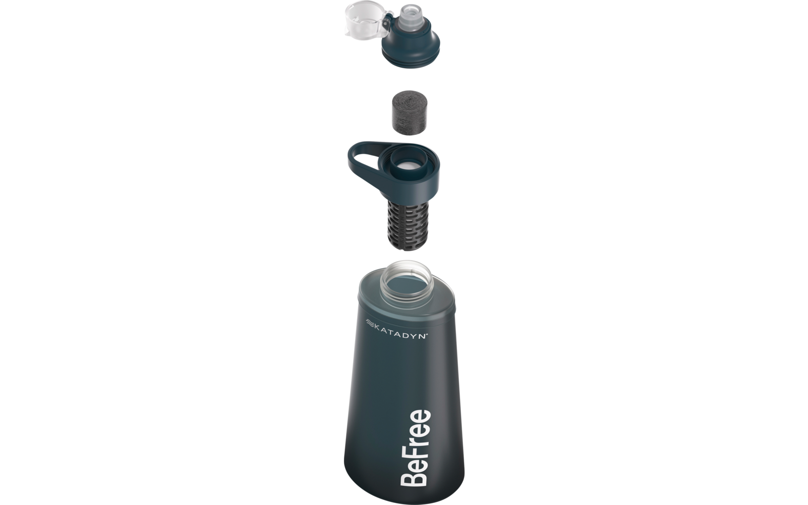 Aufgereihte Teile einer geöffneten Flasche: Kunststoffschraubverschluss mit transparenter Schutzkappe, dunkler zylindrischer Einsatz, dunkelblauer Siebaufsatz mit Griff, Flaschenkörper mit Aufdruck 'BeFree'