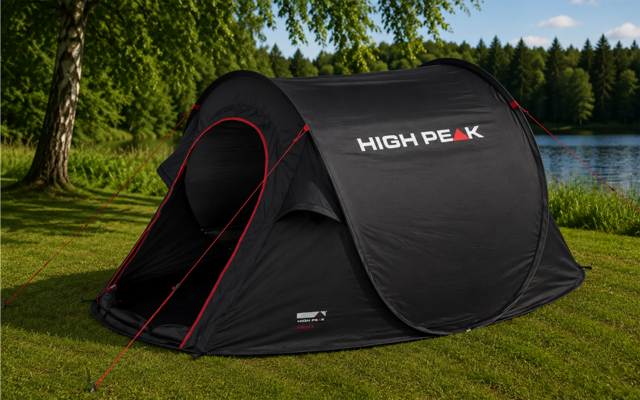 Zwart pop-up tent met wit-rood "HIGH PEAK"-logo en rode scheerlijnen, open ingang, op gras bij een meer, bomen en blauwe lucht op de achtergrond