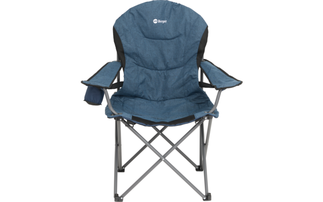 Blauer Campingstuhl mit Armlehnen und klappbarem Metallgestell